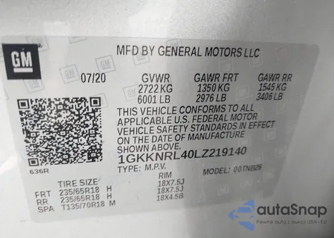 2020 GMC Acadia Fwd Sle z USA, uszkodzony, nr VIN 1GKKNRL40LZ219140